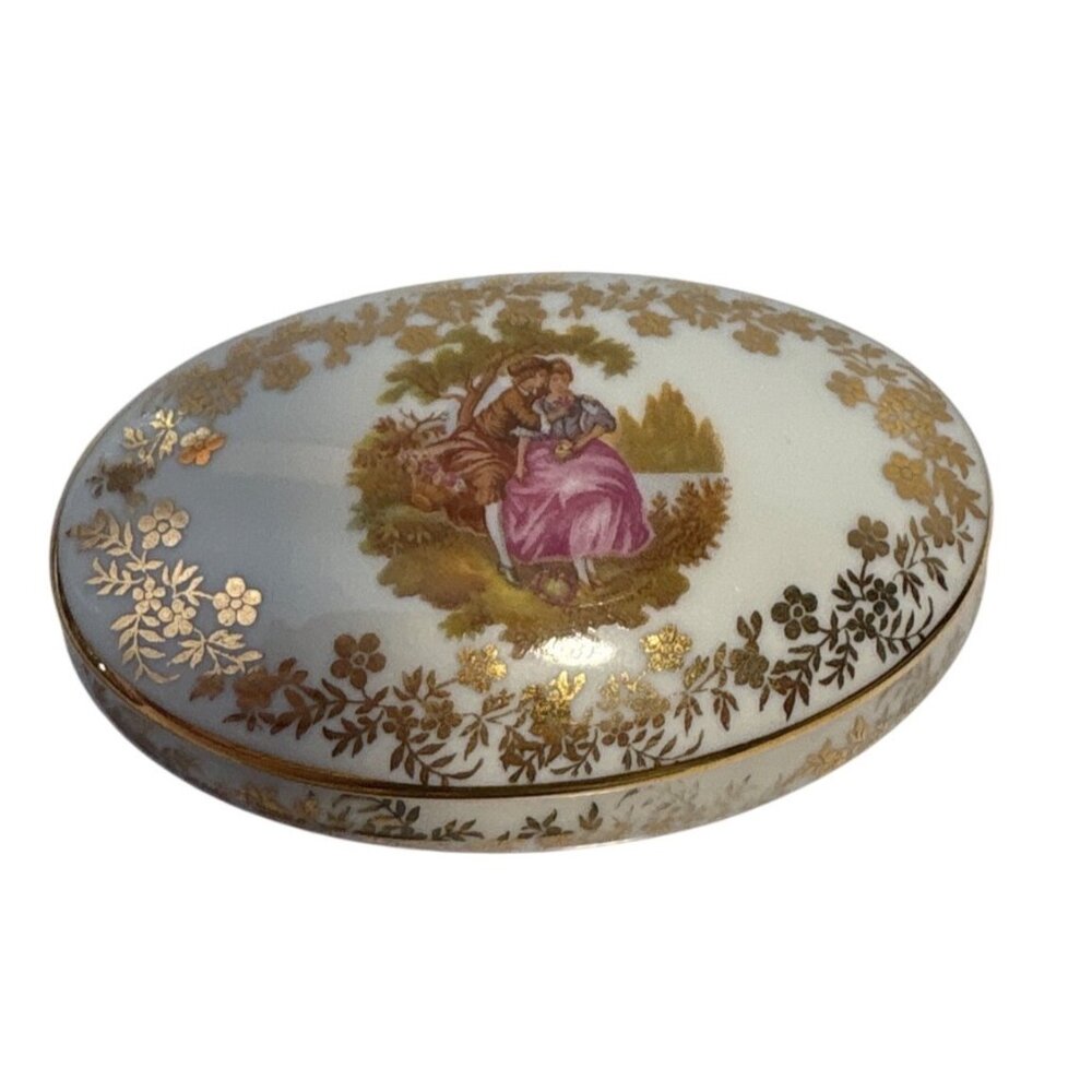 Limoges Trinket Box Porcelain Gold Floral & Romantic Scene Lid France 3.5" Vtg